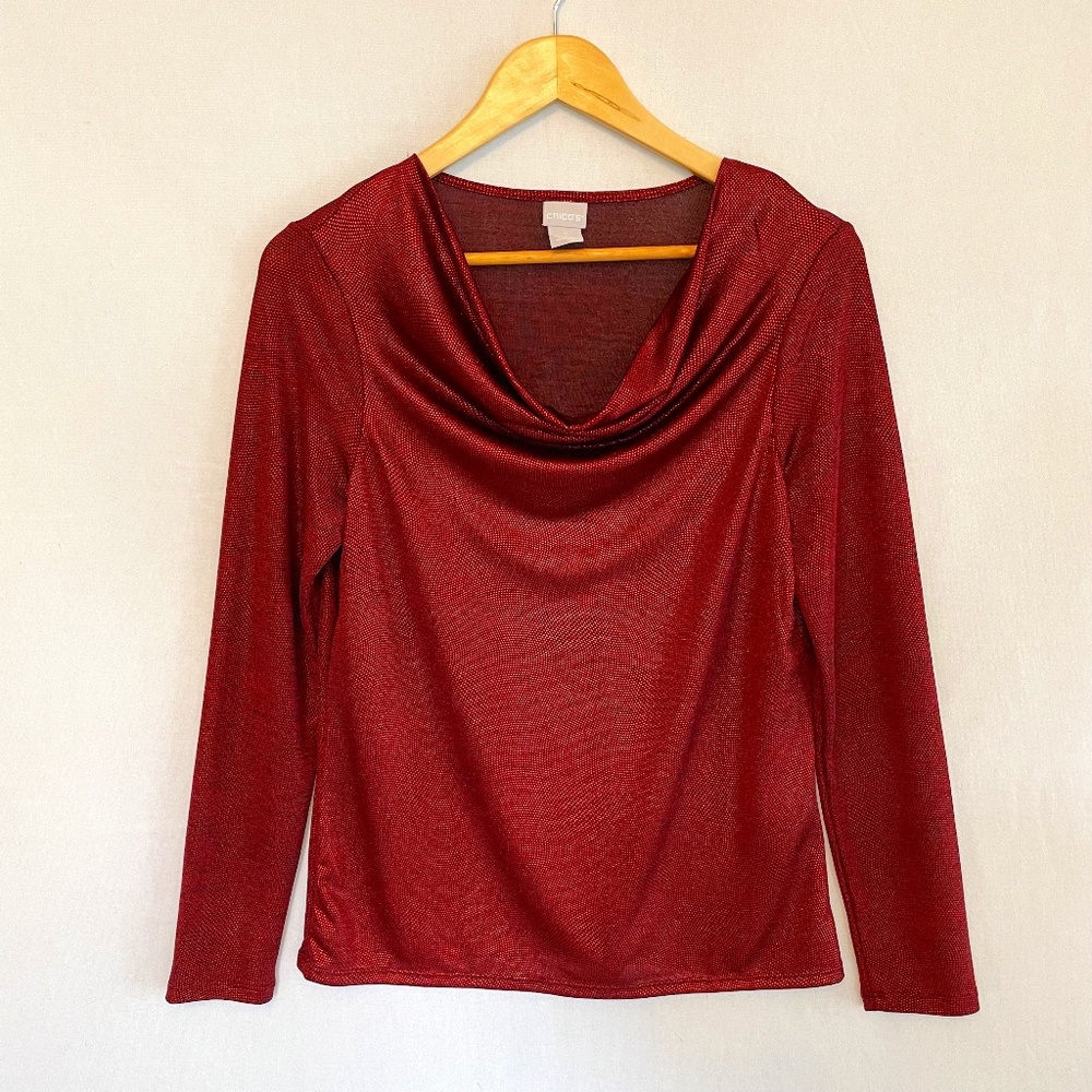 Chico’s Size 0 US Small/6 Mesh Long Sleeve Cowl Neck Red & Black Sparkle Top